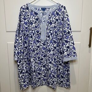 Liz & Me 2X Floral Print Tunic Top Blue White Striped Trim‎ 3/4 Sleeve Casual